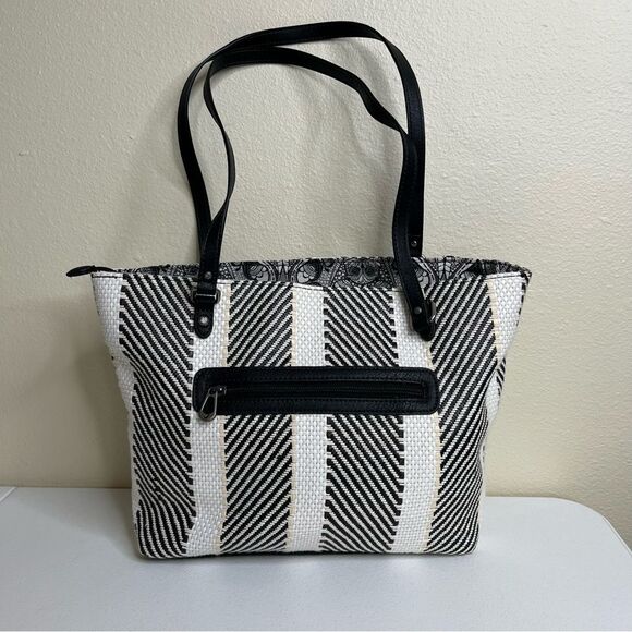 Sakroots Metro Woven Top Zip Tote Shoulder Bag Black White Owl Critter Keychain - Picture 3 of 14